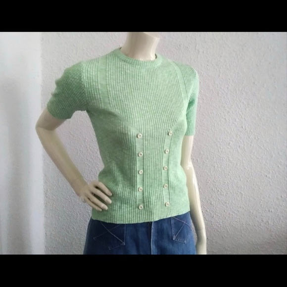 VTG 70s ribbed green top sweater buttons wool knit stretchy made in Italy - Picture 4 of 4